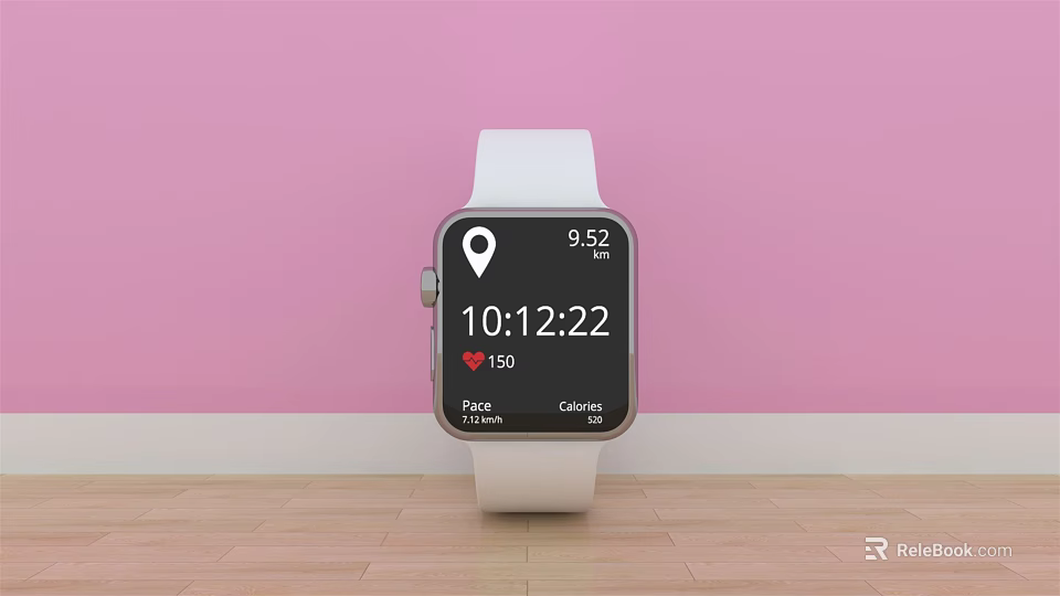 Modern Smartwatch Displaying Digital Time Heart Rate On Pink Wall Wooden Floor 3d model 