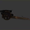 Vintage Military Cannon Weapon With Large Iron Wheels And Metallic Steampunk Design