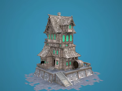 Cartoon Multi Story Wooden House with Green Windows Tile Roof Wooden Barrel and Stone Stairs 3d model