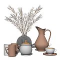 Modern Black Striped Vase with Dried Grasses Brown Pitcher White Jar Mugs