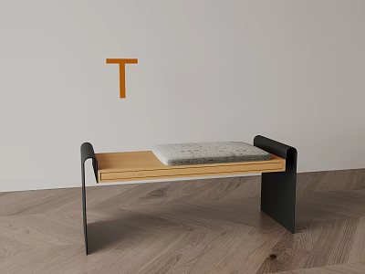 Desk With Black Metal Frame Wooden Tabletop Gray Cushion And Orange Letter T Decoration 3d model