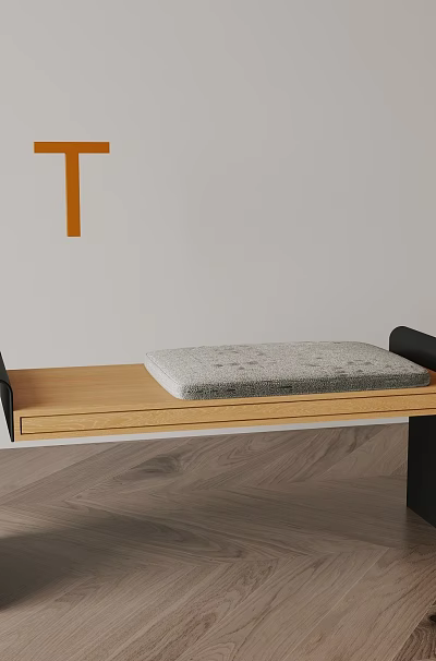 Desk With Black Metal Frame Wooden Tabletop Gray Cushion And Orange Letter T Decoration 3d model