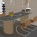 Elegant Dining Table Set with Marble Top Wooden Striped Legs and Orange Upholstered Metal Chairs