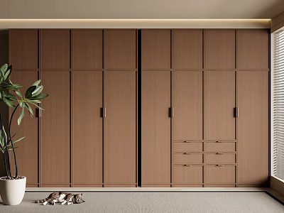 Modern Wooden Wardrobe Design With Sliding Doors Drawers And Potted Plant In Minimalist Interior 3d model