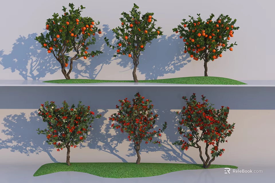 Different Types of Fruit Bearing Trees With Green Leaves and Ripe Fruits on Grass 3d model 