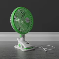 Three Green And White Tabletop Air Conditioner Fans With Stands On Wooden Floor