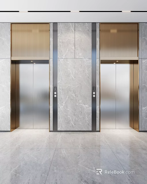 Modern Elevators In Public Facilities With Marble Walls And Metal Doors 3d model 