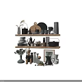 Modern Ceramic Kitchenware with Mugs Plates Bowls Teapot and Jars on Wooden Shelves