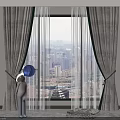 Elegant Floor to Ceiling Window Curtains with Sheer Layer and City View 3d model