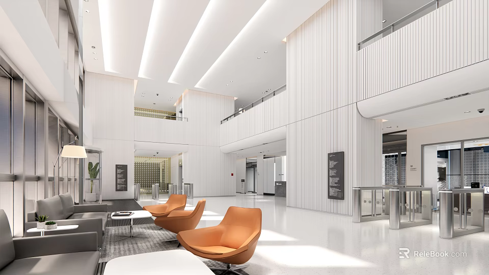 Modern Lobby Front Desk Reception With White Paneled Walls Orange Accent Chairs Bright Open Space 3d model 