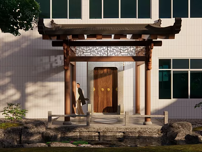 Traditional Chinese Portico Design With Curved Roof Wooden Columns Carved Lattice And Wooden Door 3d model