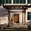 Traditional Chinese Portico Design With Curved Roof Wooden Columns Carved Lattice And Wooden Door