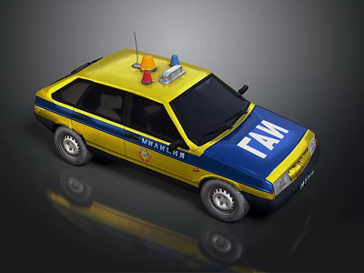 Vintage Yellow And Blue Police Car With GAI Logo And Roof Mounted Sirens 3d model
