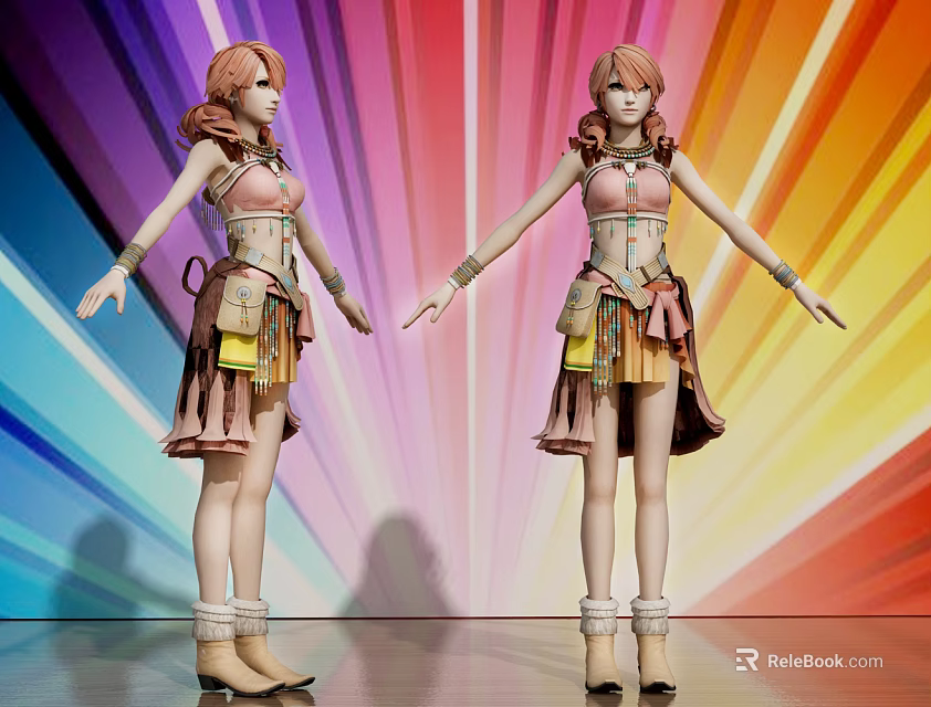 Game and Movie Female Characters With Red Hair in Matching Outfits Against Colorful Light Rays 3d model 