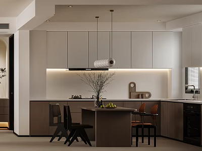 Modern Restaurant Kitchen Interior With White Cabinets Island Counter Pendant Light And Dining Chairs 3d model