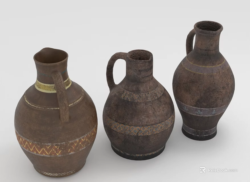 Traditional Handmade Clay Vases With Decorative Patterns And Various Shapes 3d model 