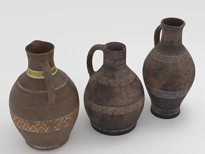 Traditional Handmade Clay Vases With Decorative Patterns And Various Shapes 3d model