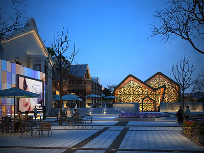 Modern Sales Office Building at Night with Lighting Glass Curtain Wall Plaza Seats and Trees 3d model