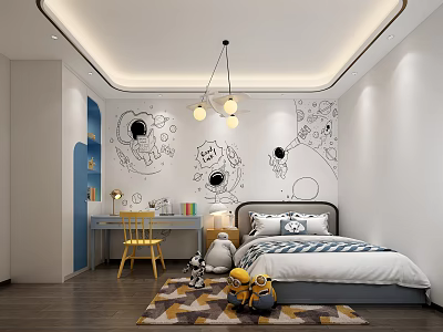 Kids Room With Cartoon Astronaut Doodles Yellow Spherical Pendant Lights Blue Desk And Minion Toys 3d model