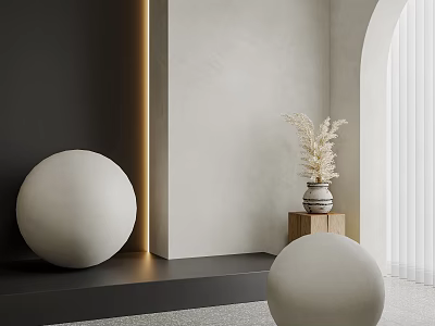 Modern Minimalist Interior With Spheres Vase Dried Flowers And Warm Lighting 3d model