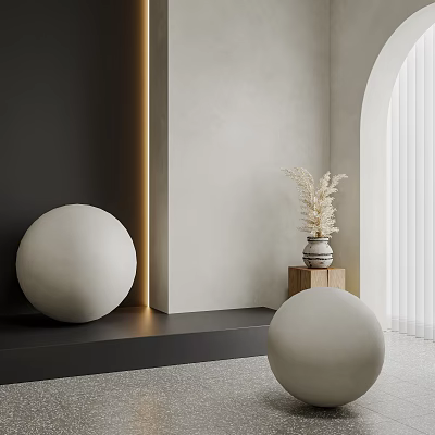 Modern Minimalist Interior With Spheres Vase Dried Flowers And Warm Lighting 3d model