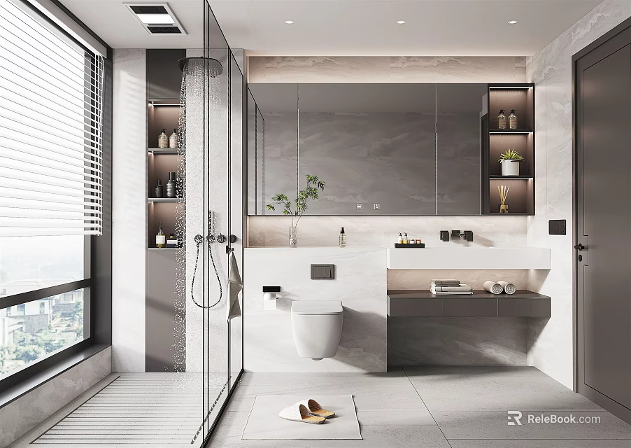 Modern Bathroom With Open Shower Large Mirror Wall Mounted Toilet Vanity And Plants 3d model 