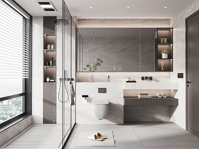 Modern Bathroom With Open Shower Large Mirror Wall Mounted Toilet Vanity And Plants 3d model