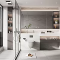 Modern Bathroom With Open Shower Large Mirror Wall Mounted Toilet Vanity And Plants