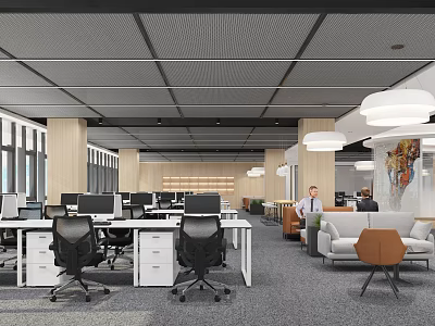 Modern Public Office Space With Workstations Computers Black Chairs White Cabinets Gray Carpet Wooden Accents 3d model