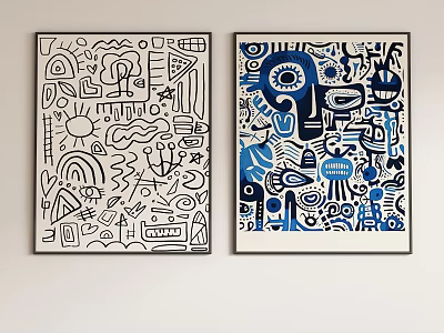 Abstract Paintings With Black White Lines Blue Patterns And Geometric Shapes 3d model