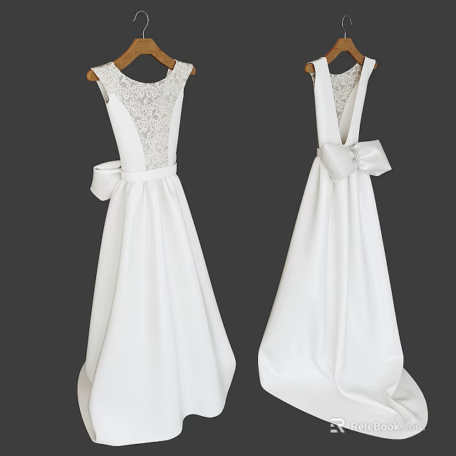 White Long Dresses With Lace Details Round Neck And Spaghetti Straps Waist Bow 3d model 