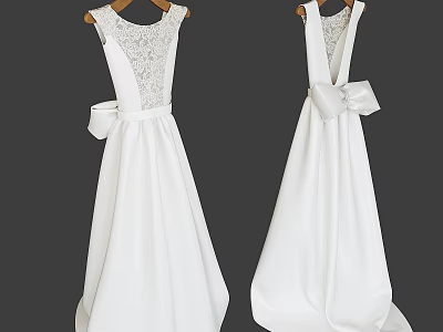 White Long Dresses With Lace Details Round Neck And Spaghetti Straps Waist Bow 3d model