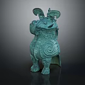 Ancient Bronze Horned Animal Shaped Artifact With Spiral Patterns And Ornate Design