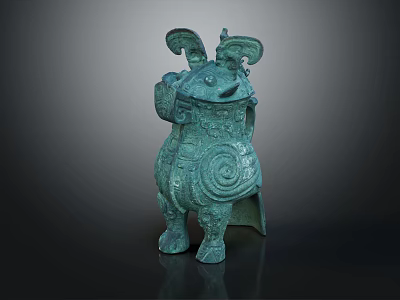 Ancient Bronze Horned Animal Shaped Artifact With Spiral Patterns And Ornate Design 3d model