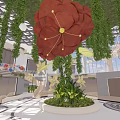 Mall Atrium Interior With Large Orange Flower Green Hanging Vines And Circular Plant Base