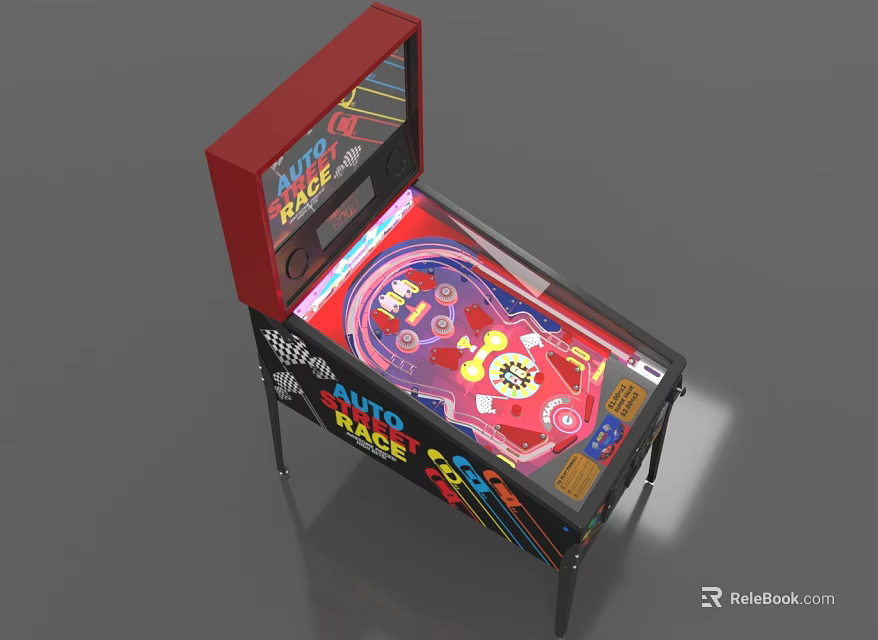 Colorful Auto Race Themed Pinball Machine With Red Top And Vibrant Playfield 3d model 