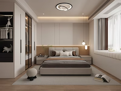 Modern Bedroom Interior Design with Large Bed Glass Wardrobe Bedside Tables Pendant Lights and Soft Rug 3d model