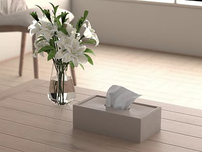 Stylish Living Room Wooden Table Featuring Transparent Vase White Flowers And Gray Tissue Box 3d model