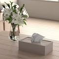 Stylish Living Room Wooden Table Featuring Transparent Vase White Flowers And Gray Tissue Box
