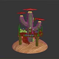 Green Cactus With Wooden Platform Staircase And Pink Umbrellas On Sandy Base