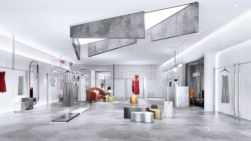 Modern Clothing Store Open Space Interior With White Decor Red Dress Display Racks Pendant Lights 3d model 