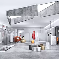 Modern Clothing Store Open Space Interior With White Decor Red Dress Display Racks Pendant Lights