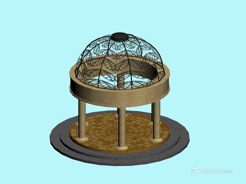 Ornate Dome Structure With Intricate Metal Frame And Stone Base Supporting Columns 3d model