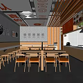 Casual Dining Restaurant With Orange And White Interior Long Tables Open Counter And Menu Displays