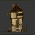 Cartoon Two Story Small Cottage With Thatched Roof Wooden Stairs Barrels And Porch