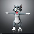 Blue cartoon cat smiling with open arms white belly and pink ears grey background