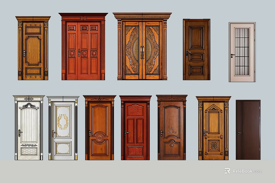 Various Stylish Swing Doors with Wooden Glass and Decorative Panel Designs 3d model 