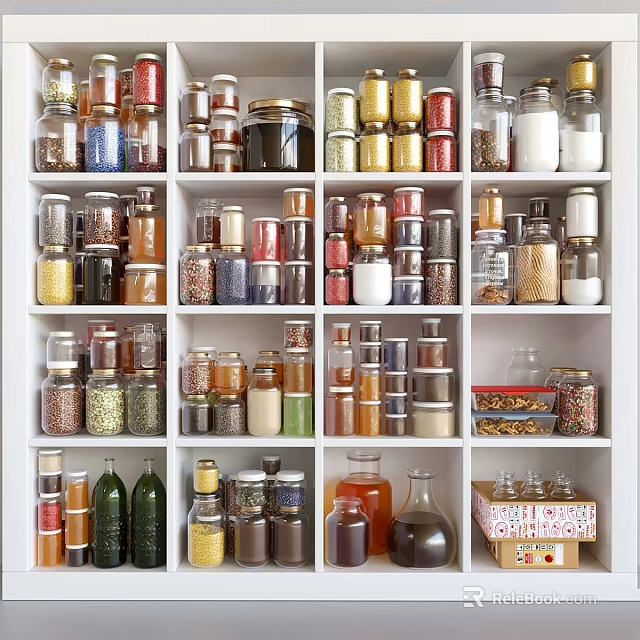 Organized Food Storage with Glass Jars Filled with Spices Grains and Ingredients on White Shelves 3d model 