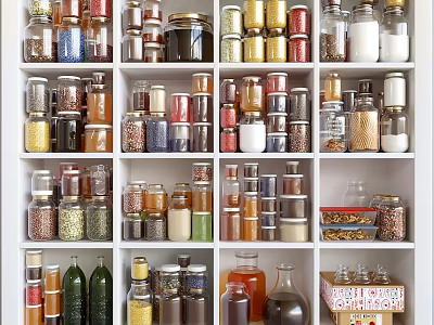 Organized Food Storage with Glass Jars Filled with Spices Grains and Ingredients on White Shelves 3d model