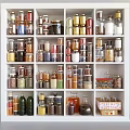 Organized Food Storage with Glass Jars Filled with Spices Grains and Ingredients on White Shelves